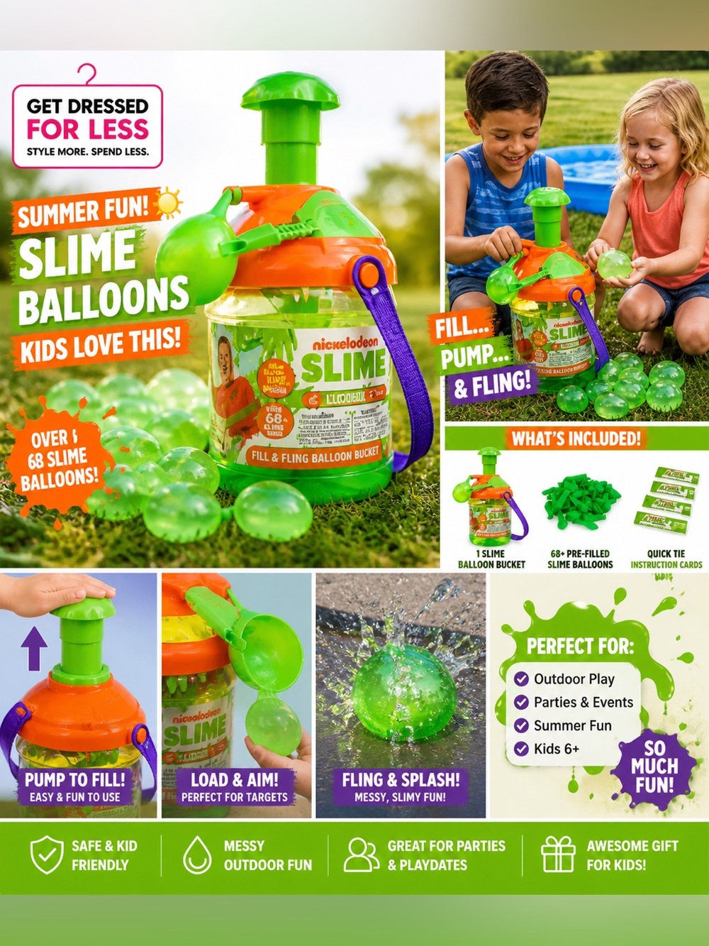 Nickelodeon Slime Balloon Bucket Fill & Fling Water Balloons Set New Kids Toy